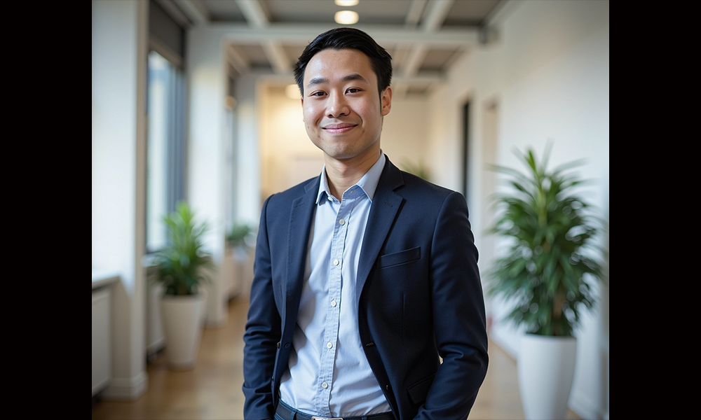 A man in a blue blazer stands alone in a hallway, plants against the walls behind him.