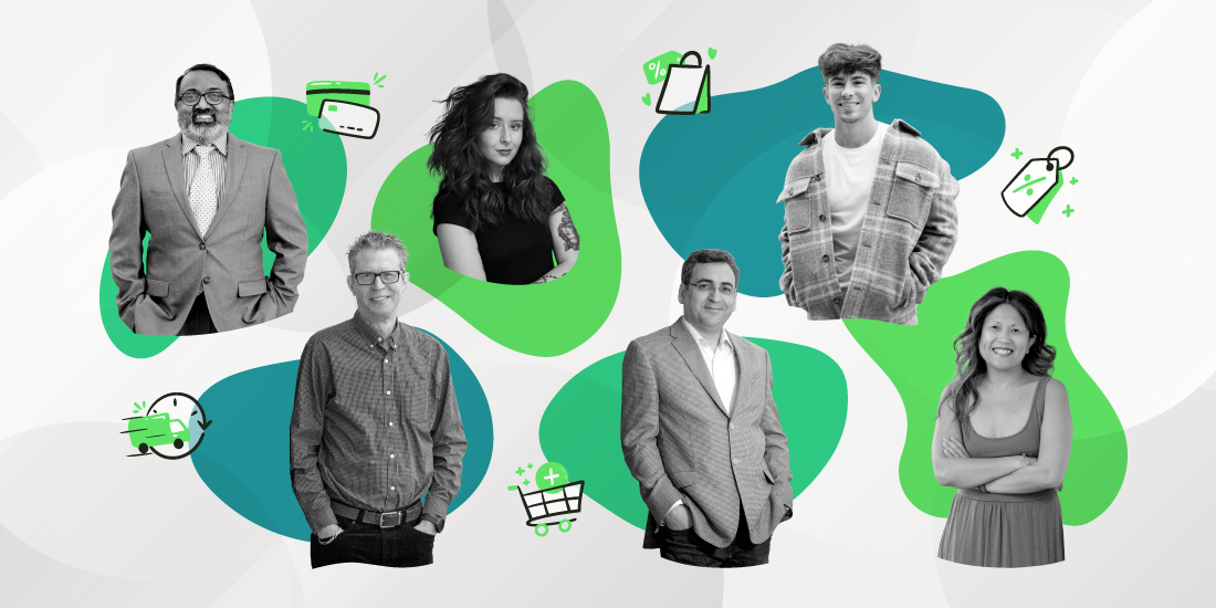 A collage of images of each contributor to the story with icons of spending-related items