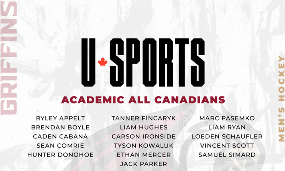A graphic listing the names of the men's hockey athletes who have been named U SPORTS Academic All-Canadians this year.