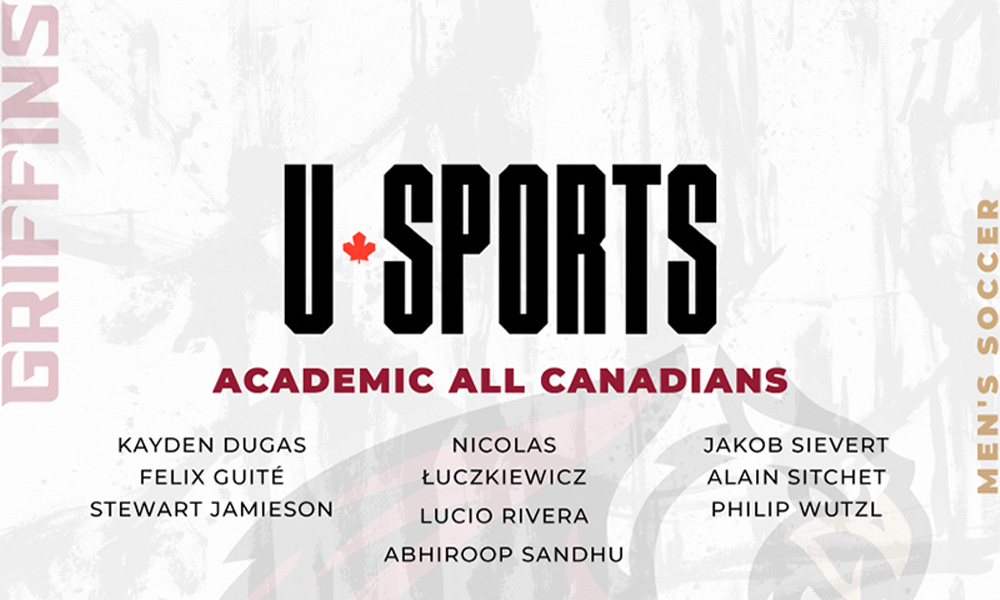 A graphic listing the names of the men's soccer athletes who have been named U SPORTS Academic All-Canadians this year.