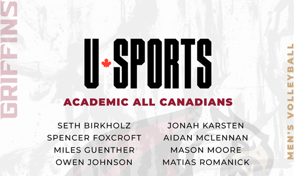 A graphic listing the names of the men's volleyball athletes who have been named U SPORTS Academic All-Canadians this year.