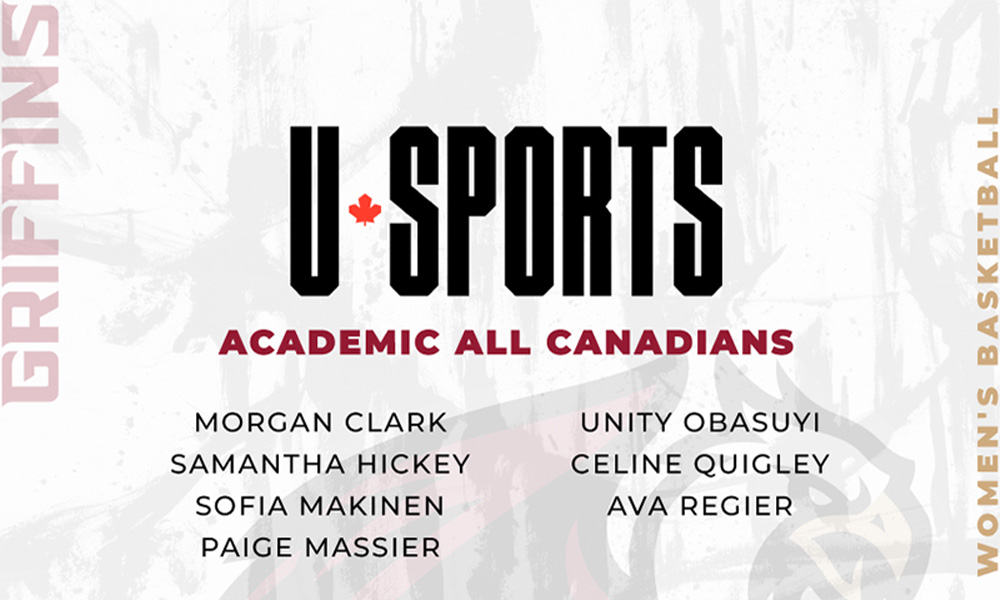 A graphic listing the names of the women's basketball athletes who have been named U SPORTS Academic All-Canadians this year.