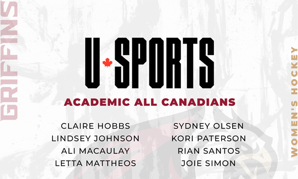 A graphic listing the names of the women's hockey athletes who have been named U SPORTS Academic All-Canadians this year.