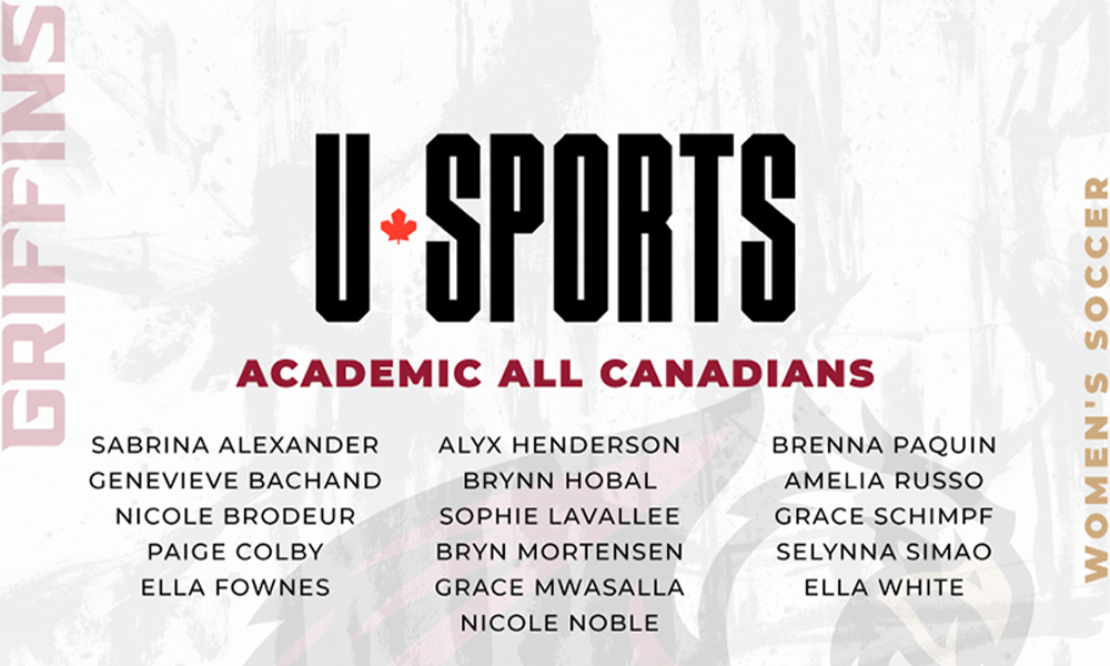A graphic listing the names of the women's soccer athletes who have been named U SPORTS Academic All-Canadians this year.