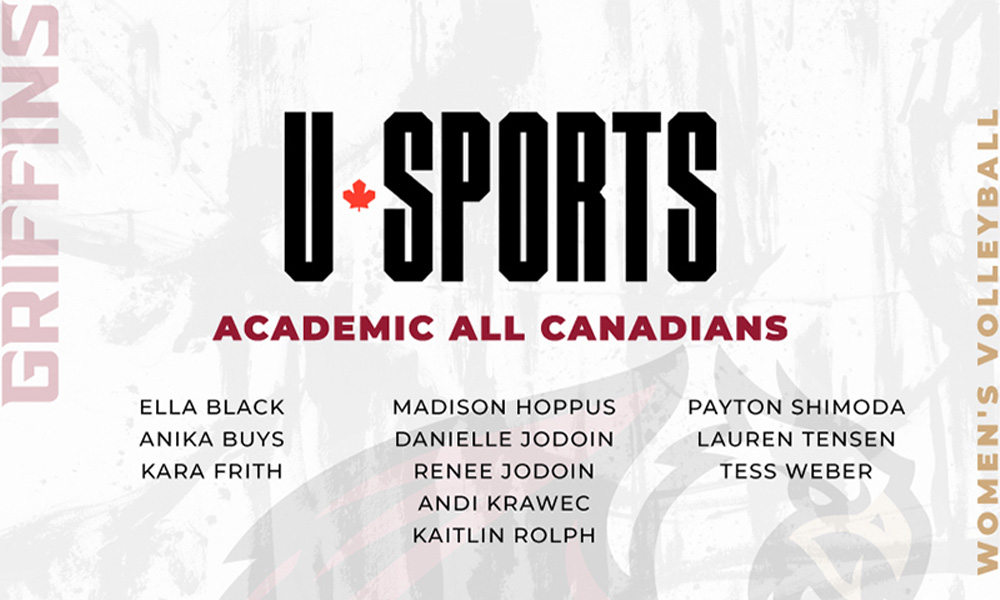 A graphic listing the names of the women's volleyball athletes who have been named U SPORTS Academic All-Canadians this year.