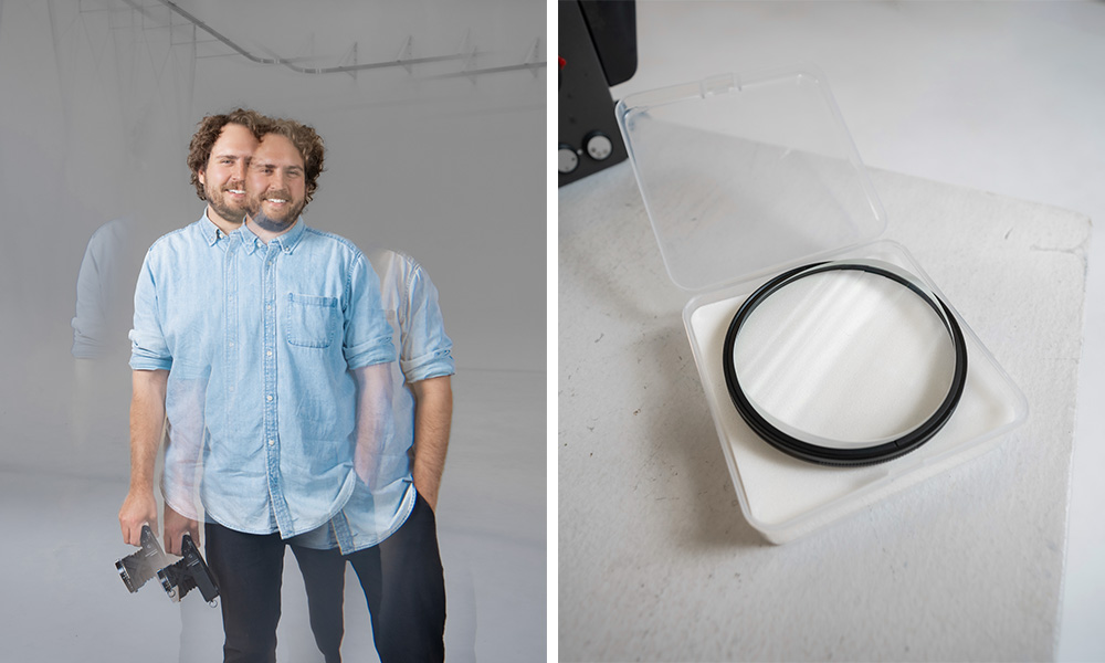 A blurred image of Waugh alonside a close-up of the lens used to create it