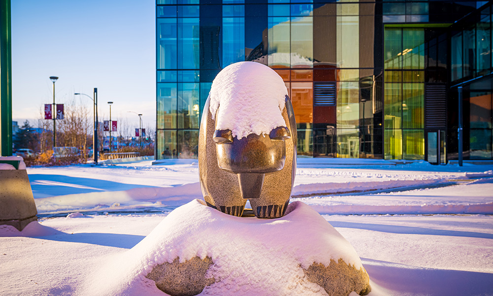 A photo of the sculpture Mother Bear covered with snow
