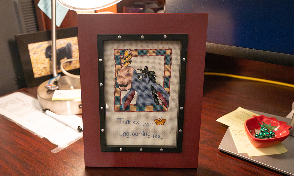 A framed photo of a cross-stitch of Eeyore 
