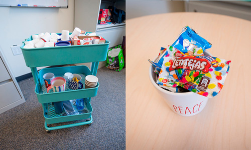 A side by side image of blue cart full of coffee and tea on the left and a candy bowl filled with chocolates on the right. 