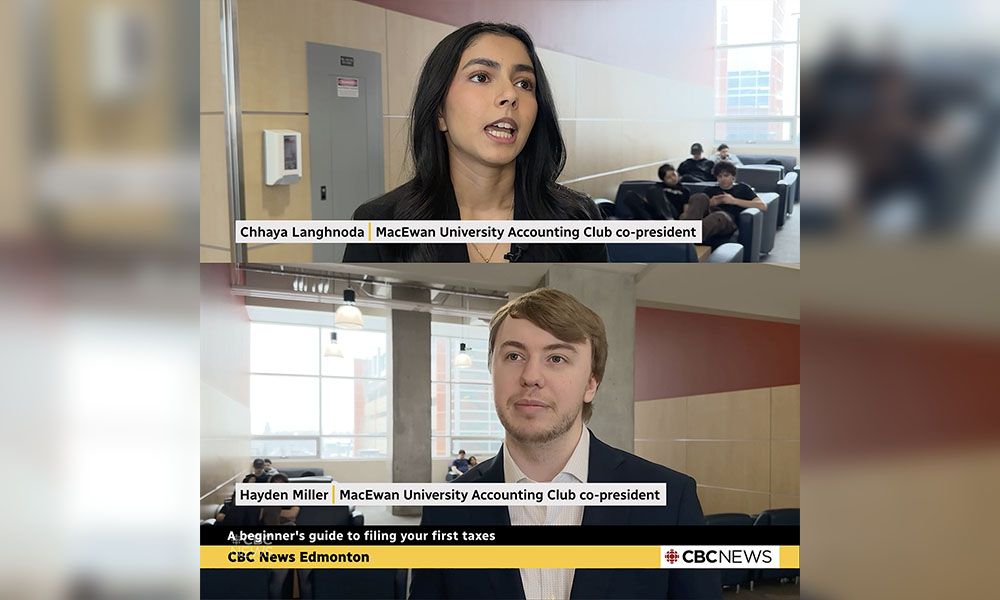 Photo of two screen captures on top of each other of two students speaking on CBC news.