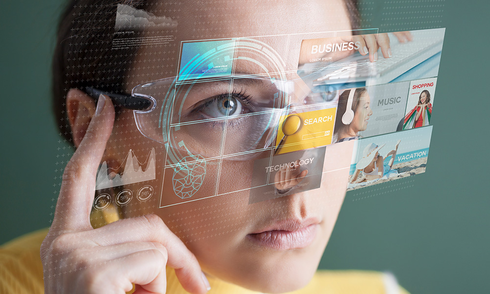 A woman uses smart glasses and sees a variety of images projected from them.