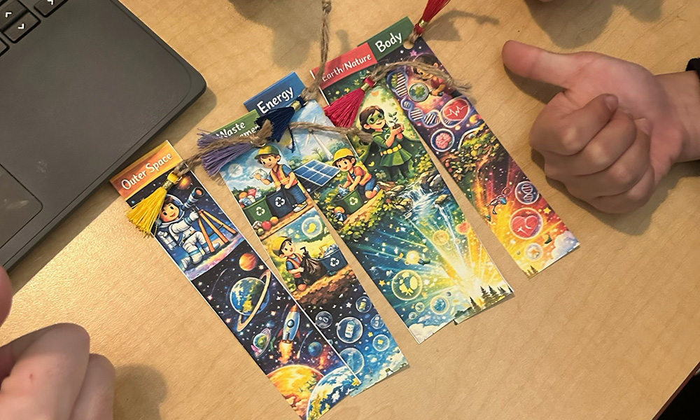 Two hands give thumbs up on either side of several colourful bookmarks.