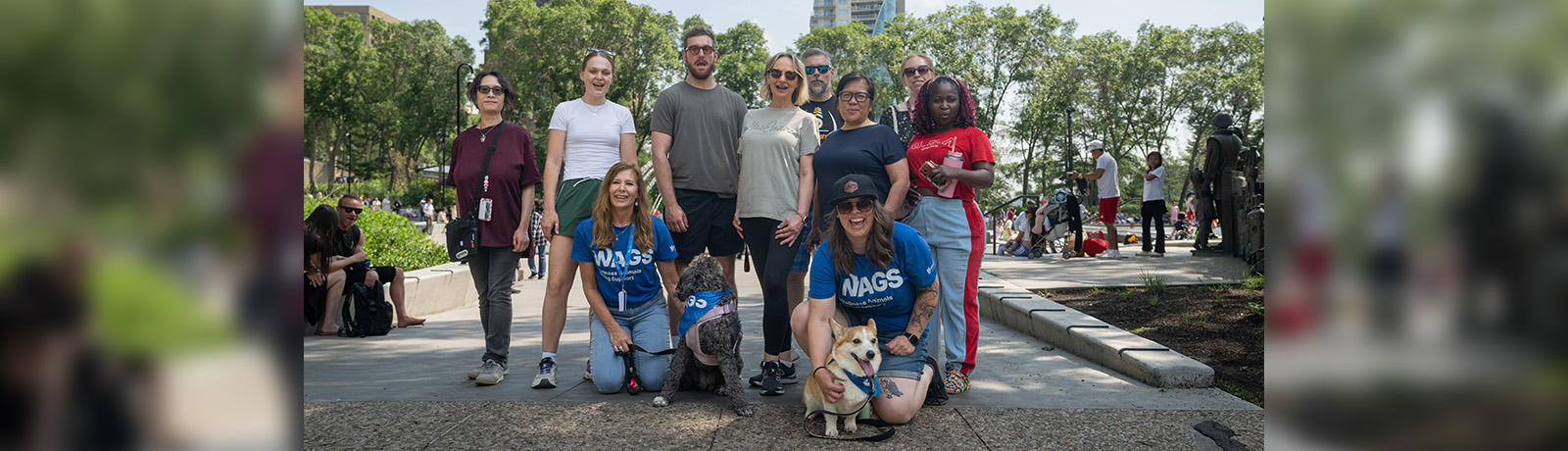 A group of people pose with two dogs while on a walk downtown.
