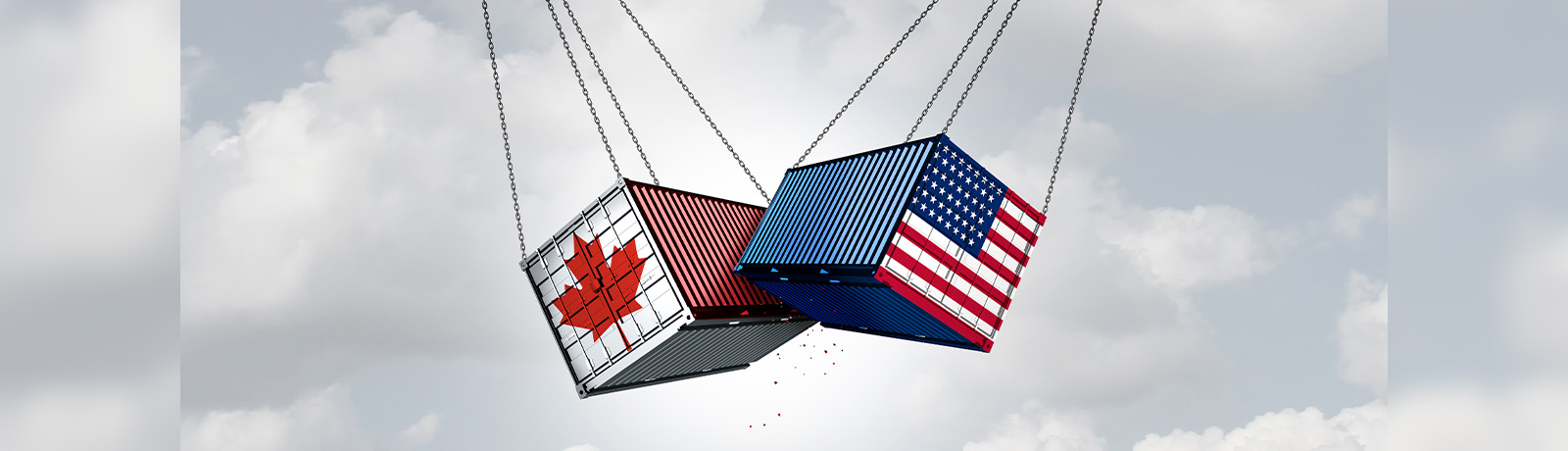 Two shipping containers clash midair, held up by chains. One container has a Canadian flag and the other an American flag.