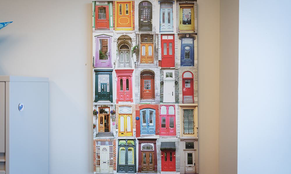 A canvas print of a collage of photos of many different doorways.