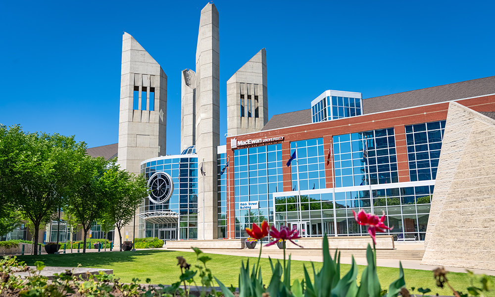 Summer campus photo with clock tower