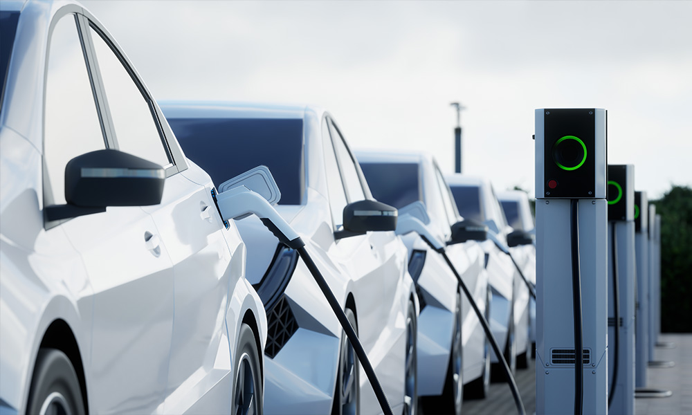 A row of charging EVs
