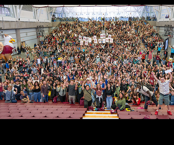 The David Atkinson Gymnasium packed with students at New Student Orientation