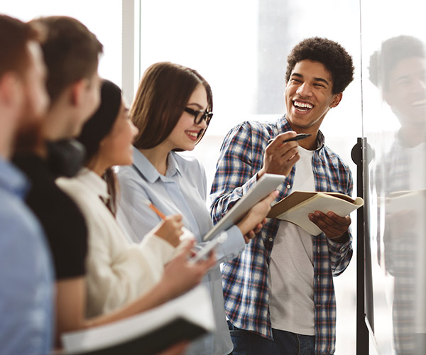 students talking at a table