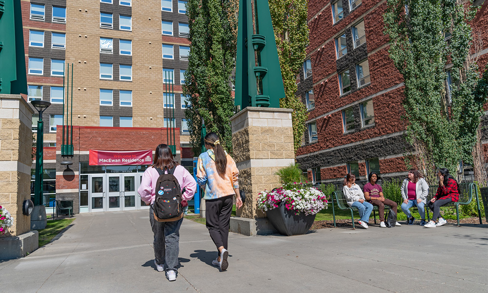 students walking into residence